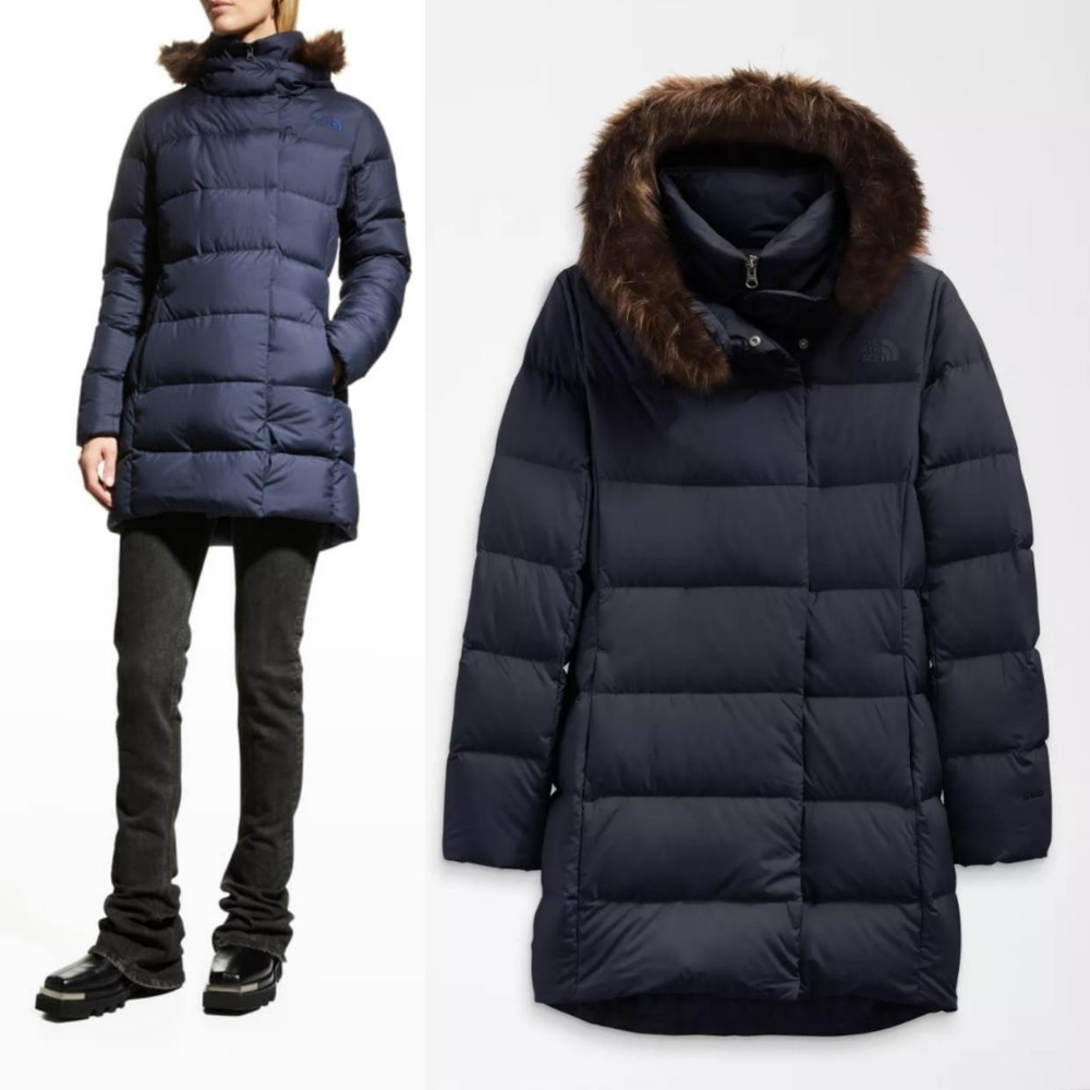 The North Face womens dealio 550 down parka with faux fur in aviator navy jacket